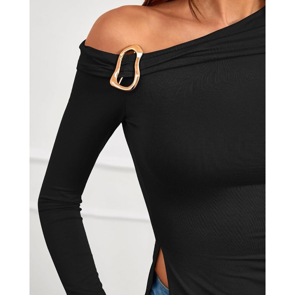 Women Off Shoulder Top Viscose Elastane Slim Fit Asymmetrical Long Sleeve - Picture 4 of 8